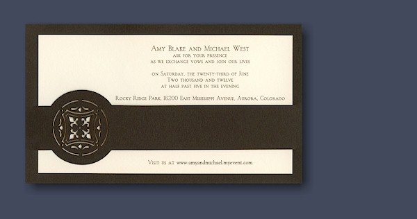 An ecru invitation layer gently tucks behind a cutout band of mocha as it